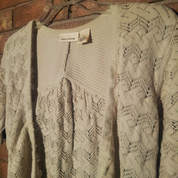 DKNY Front Tie Crocheted Beige Cardigan Sweater - Size M - Picture 2 of 12